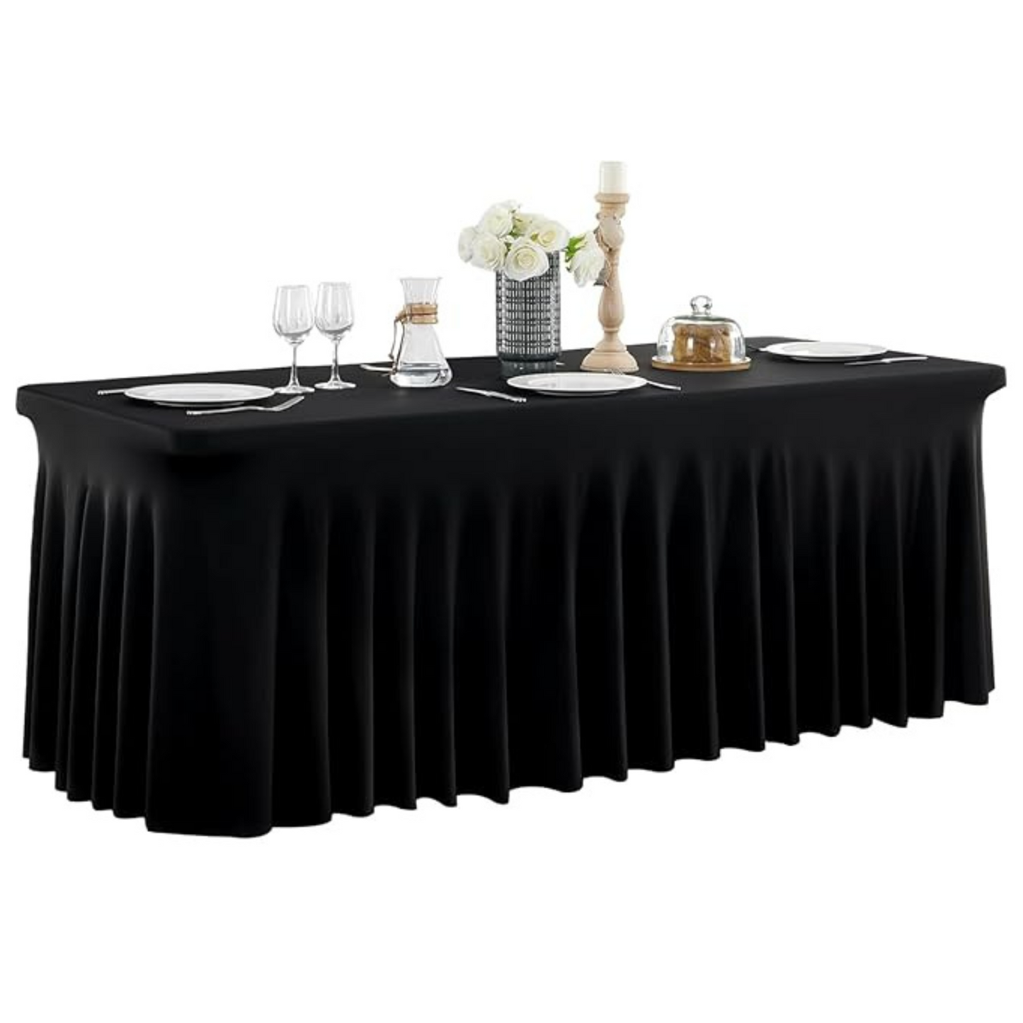 Obrus na stół z falbaną 180 cm CZARNY | Skirting, elastyczny, pokrowiec bankietowy cateringowy