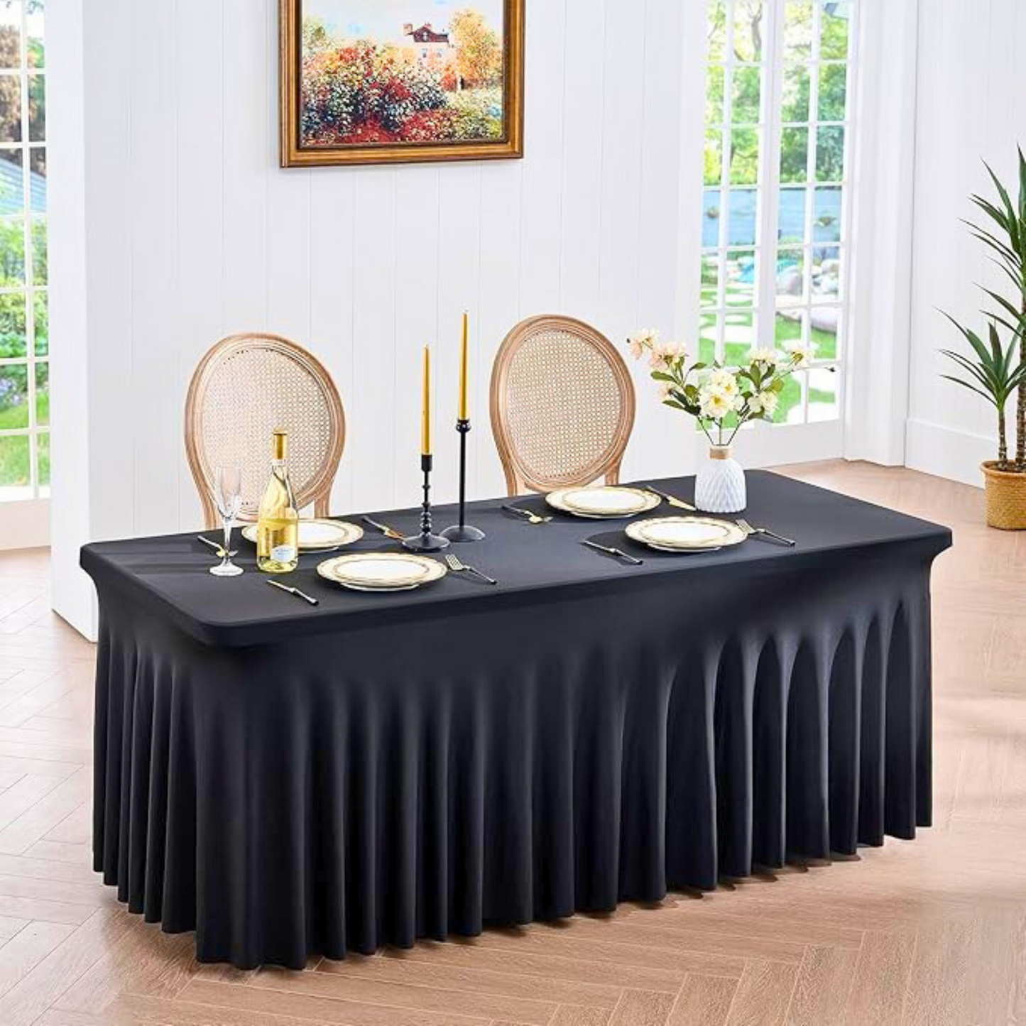 Obrus na stół z falbaną 180 cm CZARNY | Skirting, elastyczny, pokrowiec bankietowy cateringowy
