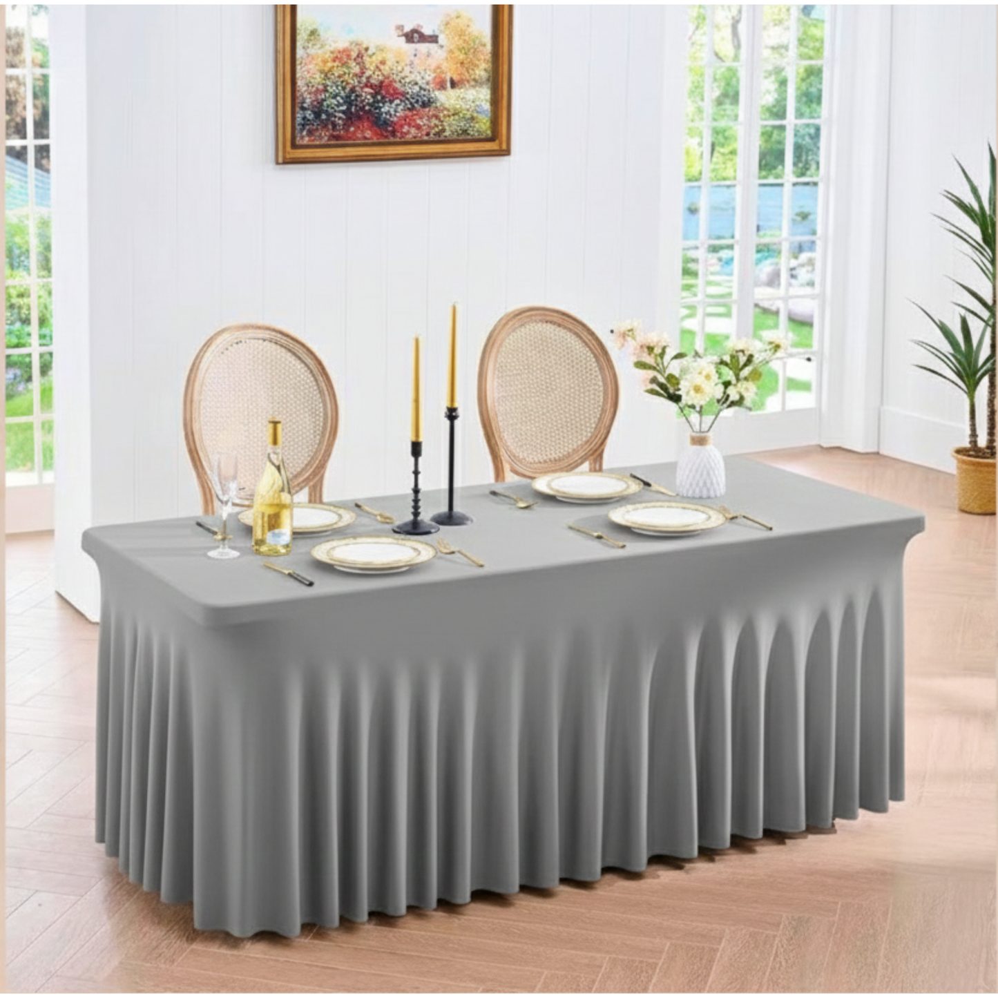 Obrus na stół z falbaną 180 cm SZARY | Skirting, elastyczny, pokrowiec bankietowy cateringowy