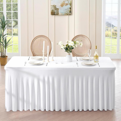 Obrus na stół z falbaną 180 cm BIAŁY | Skirting, elastyczny, pokrowiec bankietowy cateringowy