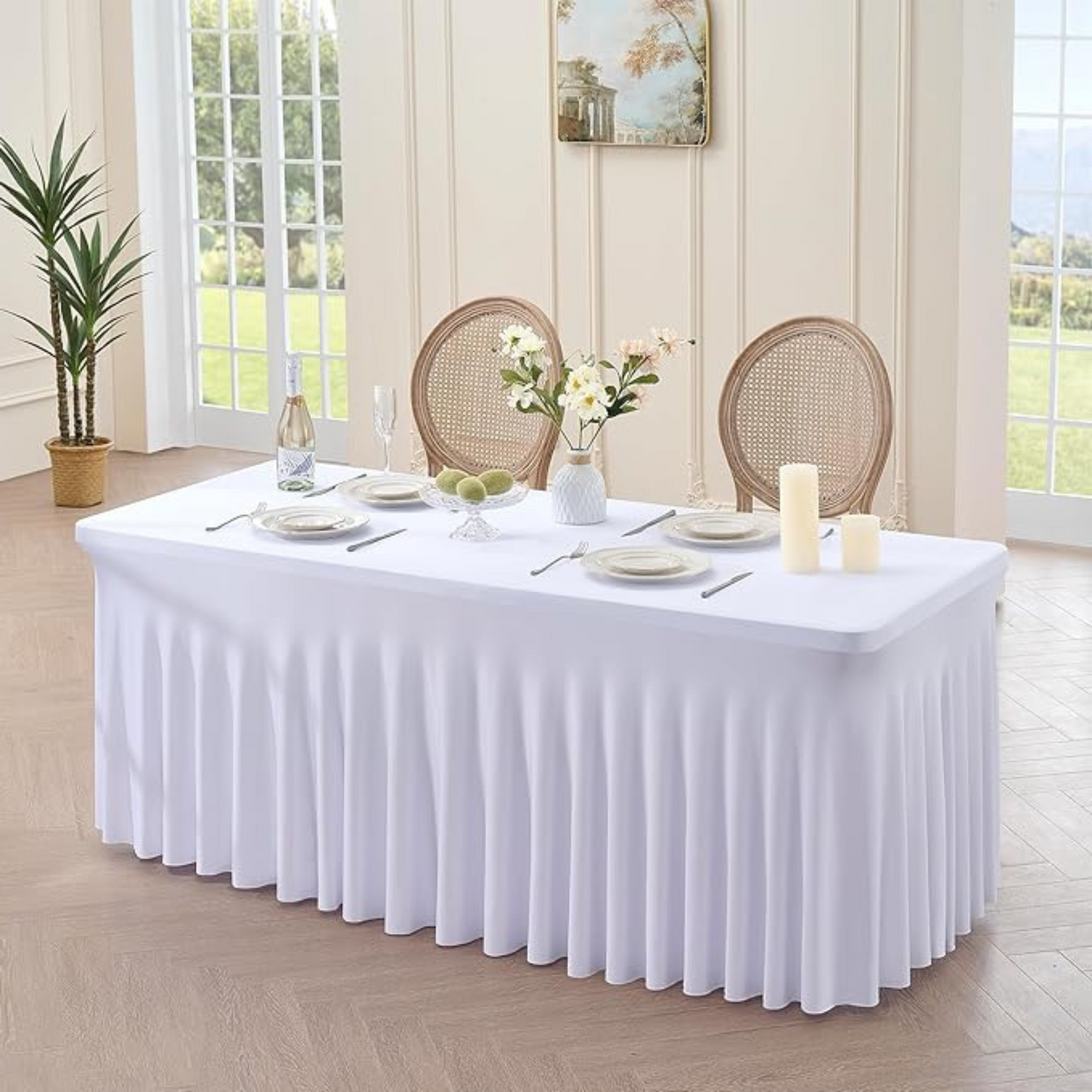 Obrus na stół z falbaną 180 cm BIAŁY | Skirting, elastyczny, pokrowiec bankietowy cateringowy