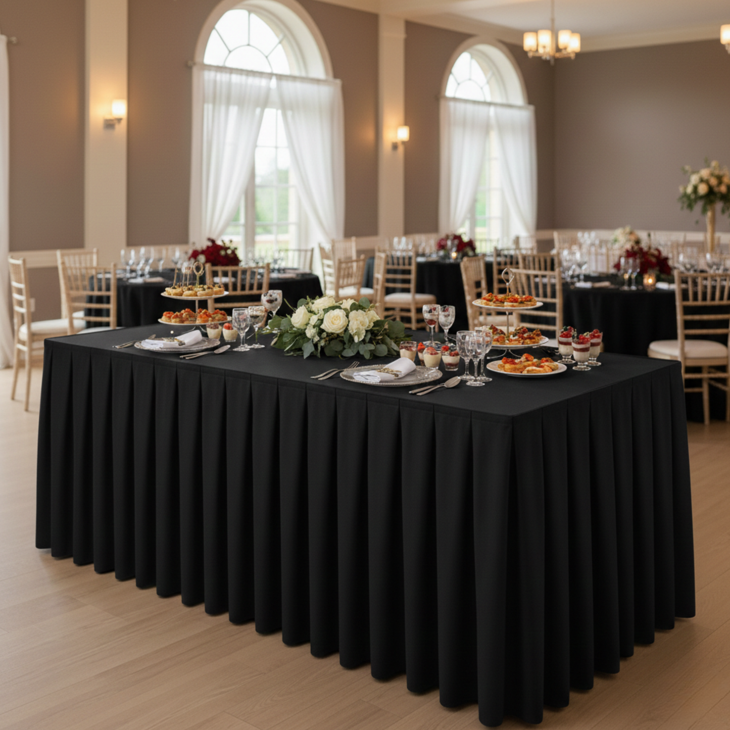 FALBANA do stołu CZARNA 565 cm – elegancki skirting cateringowy 220 gsm | Profesjonalne wykończenie stołu bankietowego