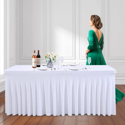 Obrus na stół z falbaną 180 cm BIAŁY | Skirting, elastyczny, pokrowiec bankietowy cateringowy