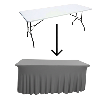 Obrus na stół z falbaną 180 cm SZARY | Skirting, elastyczny, pokrowiec bankietowy cateringowy