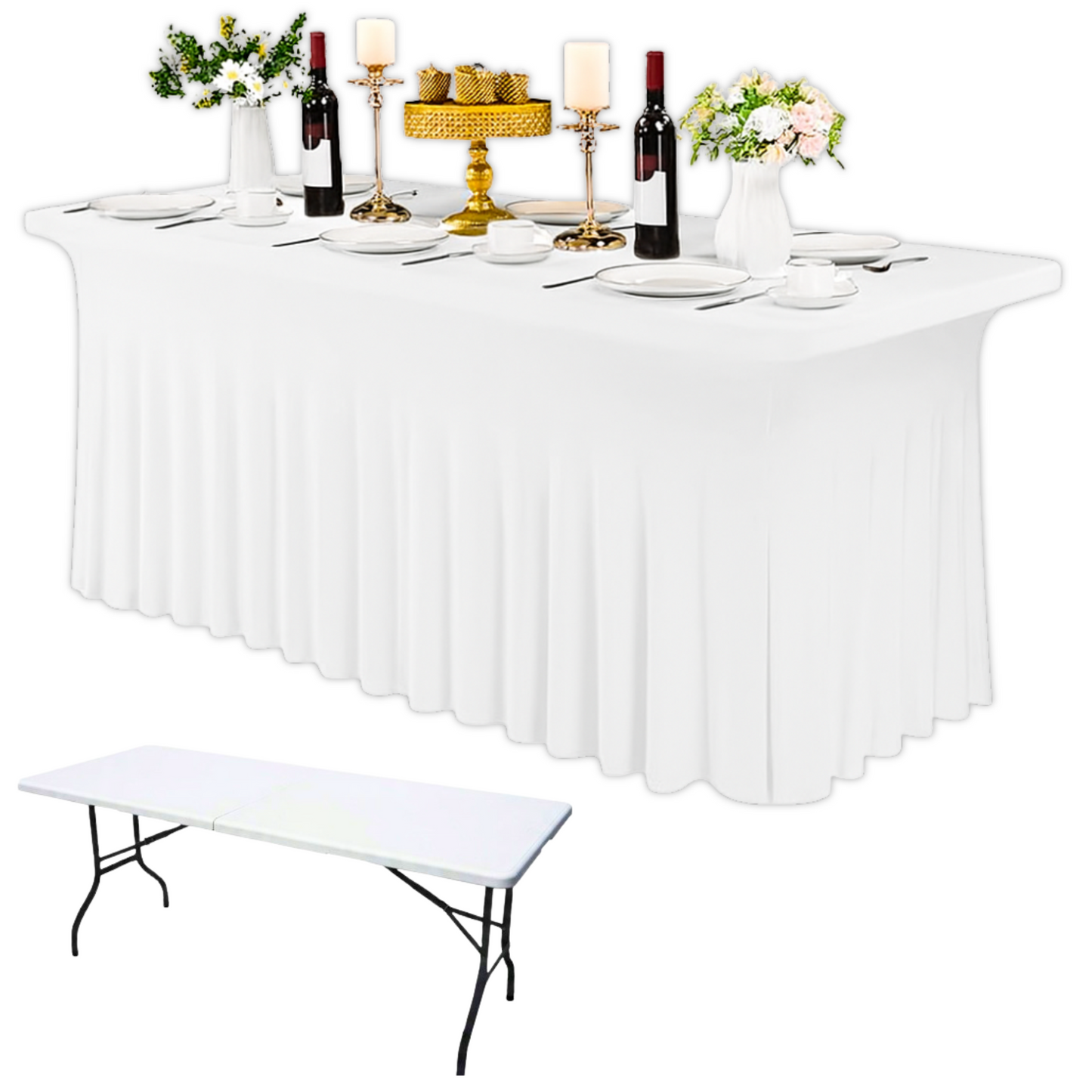Obrus na stół z falbaną 180 cm BIAŁY | Skirting, elastyczny, pokrowiec bankietowy cateringowy