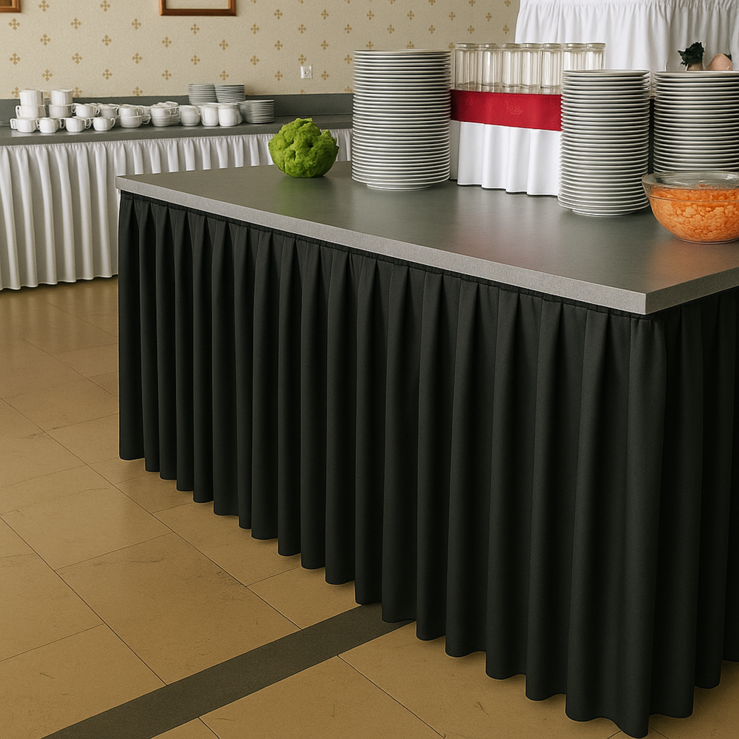 FALBANA do stołu CZARNA 565 cm – elegancki skirting cateringowy 220 gsm | Profesjonalne wykończenie stołu bankietowego