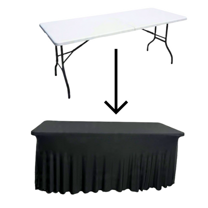 Obrus na stół z falbaną 180 cm CZARNY | Skirting, elastyczny, pokrowiec bankietowy cateringowy