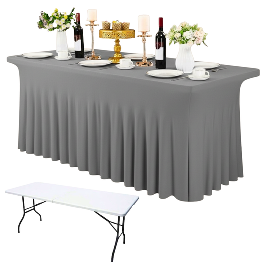 Obrus na stół z falbaną 180 cm SZARY | Skirting, elastyczny, pokrowiec bankietowy cateringowy