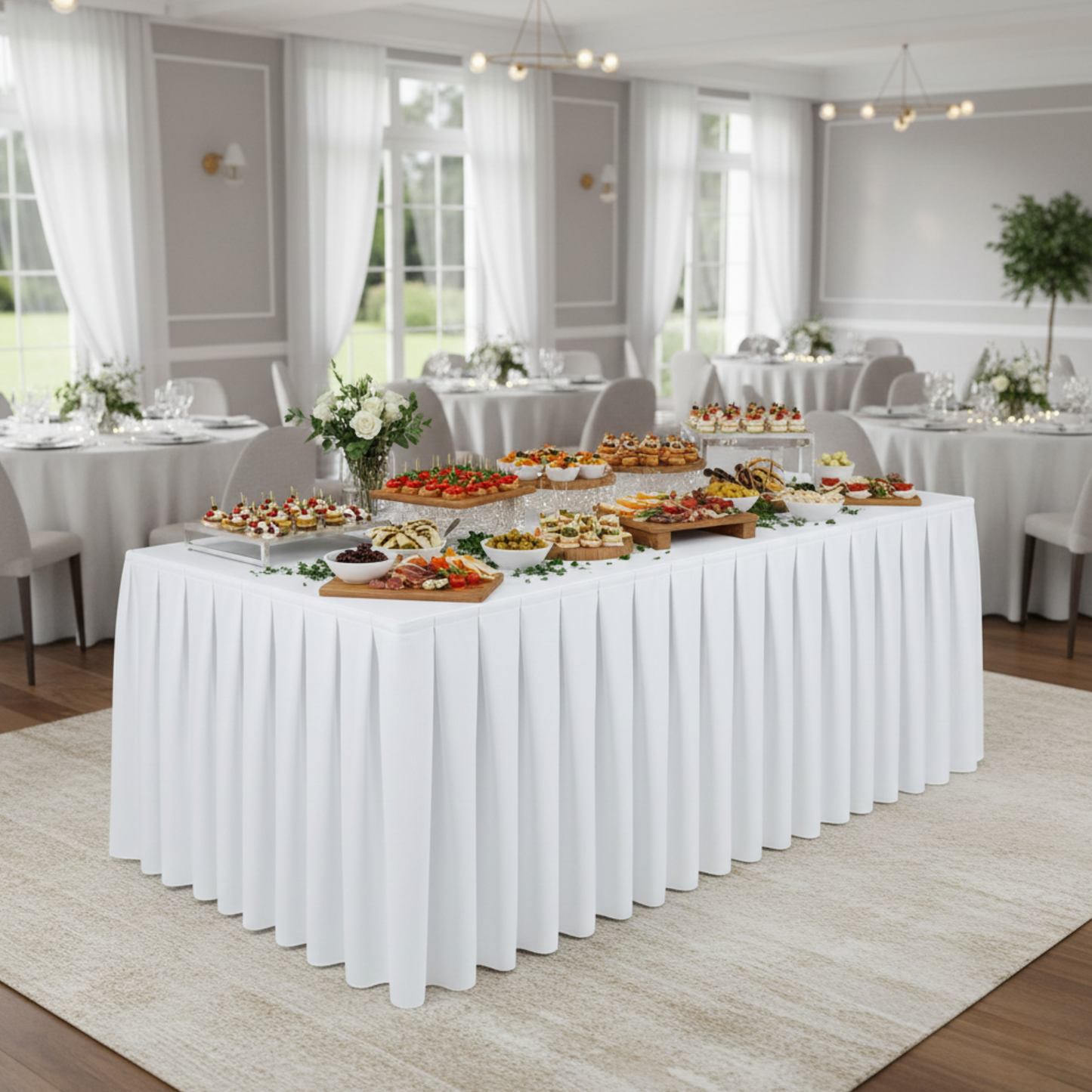 BIAŁA falbana do stołu 565 cm - elegancka, wytrzymała, z efektownymi plisami | Profesjonalne wykończenie stołu bankietowego